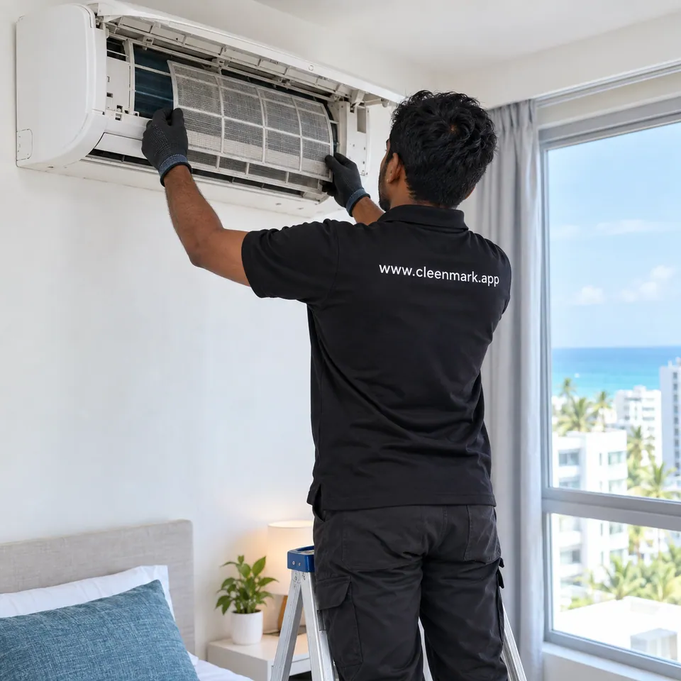 A technician on a step ladder cleaning a wall-mounted air conditioner