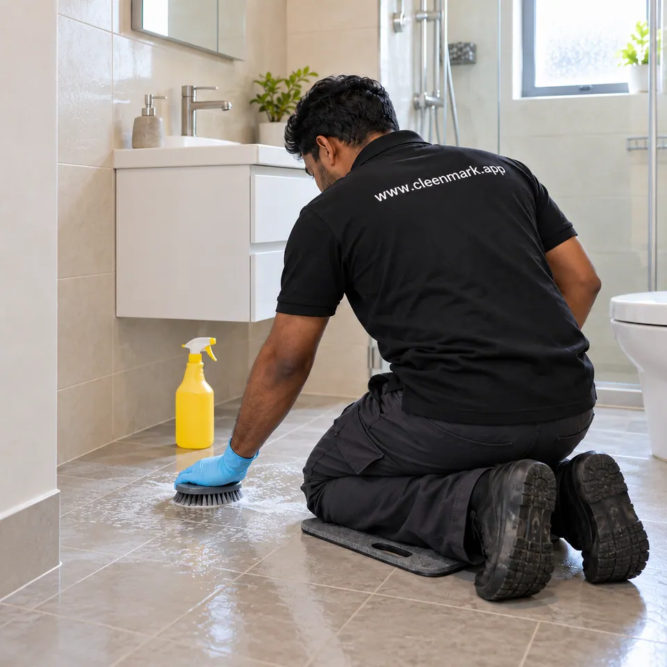 A cleaner scrubbing a bathroom floor