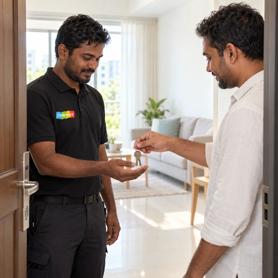 A Cleenmark cleaner receiving keys from a customer at the door