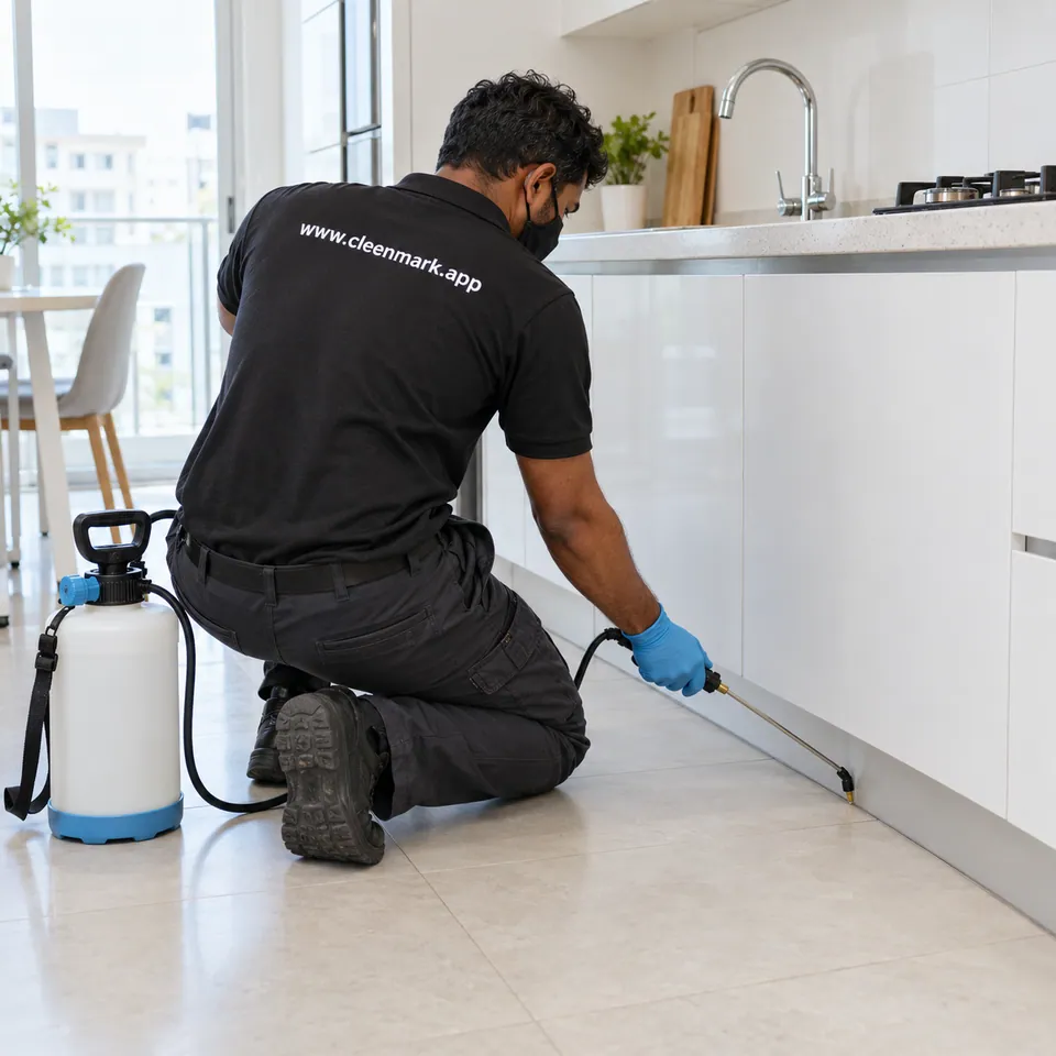 A technician spraying along a kitchen skirting board