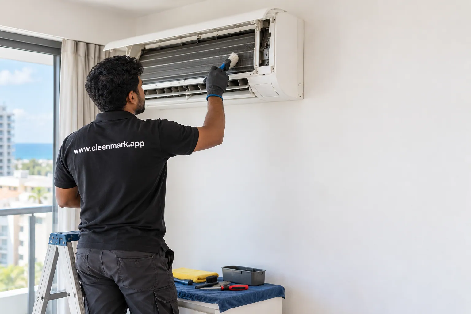 A Cleenmark technician cleaning a wall-mounted air conditioner