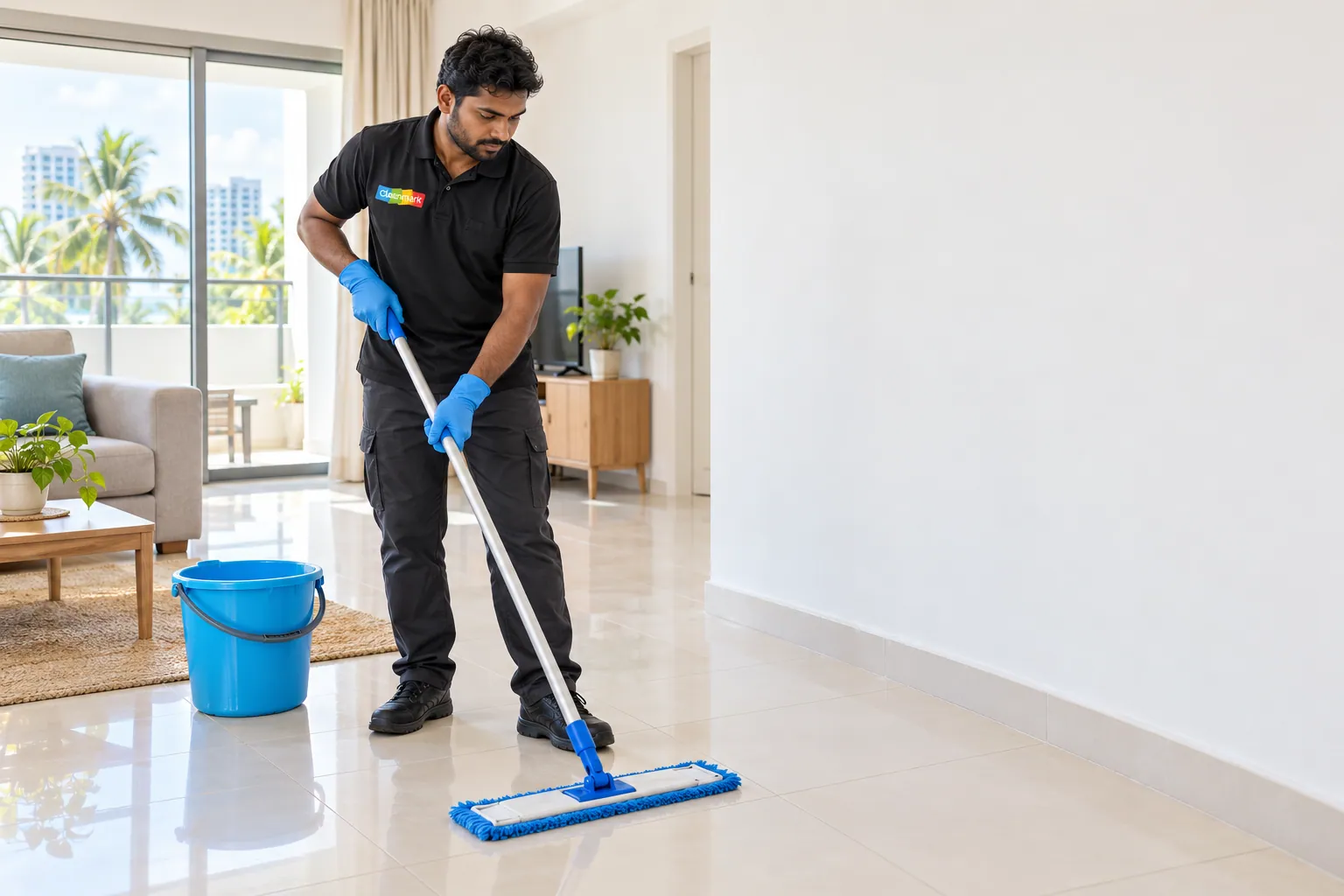 A Cleenmark cleaner mopping the floor of a bright living room