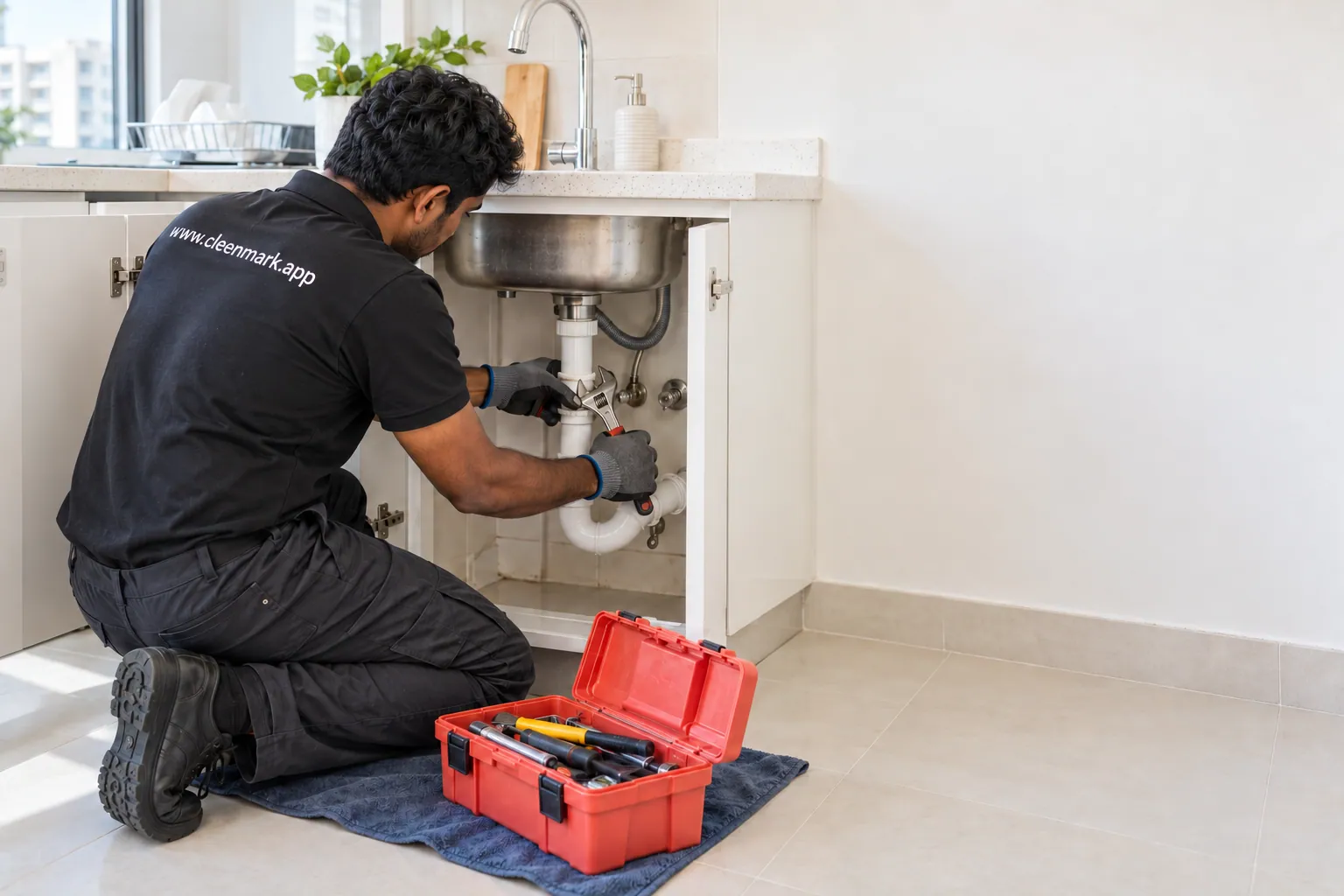 A Cleenmark technician repairing pipes under a kitchen sink