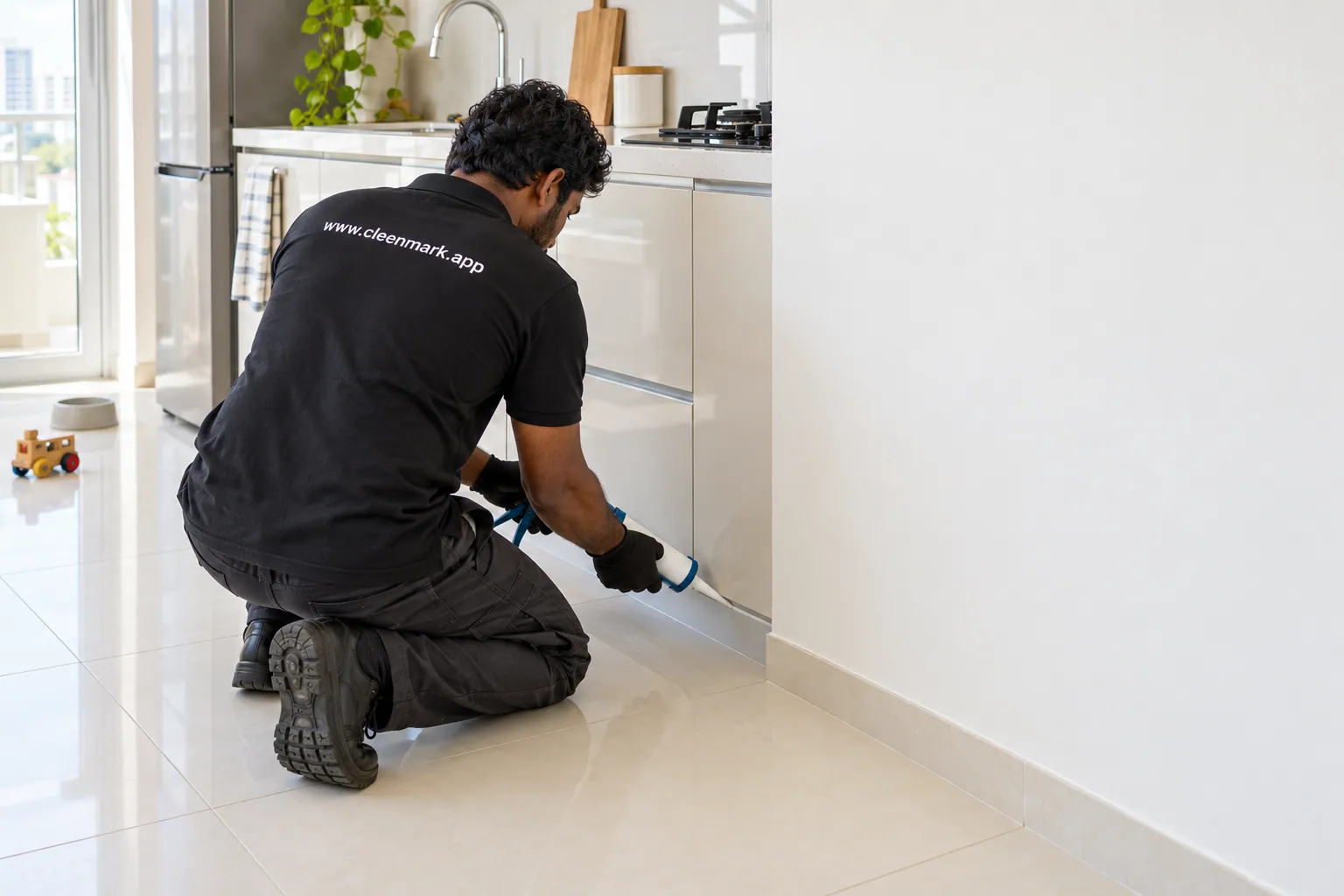 A Cleenmark technician treating the skirting board of a kitchen