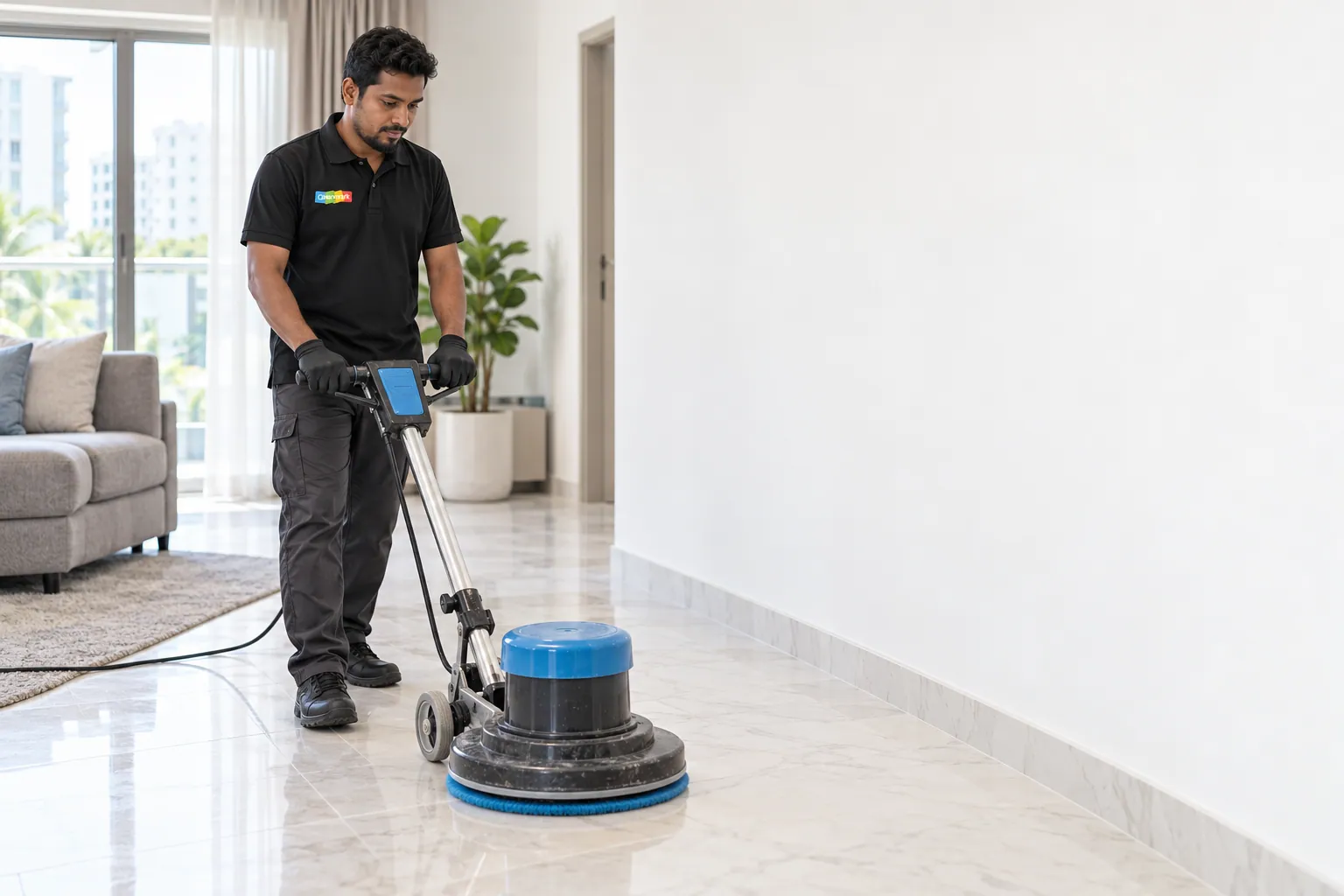 A Cleenmark cleaner running a floor scrubber across a marble floor