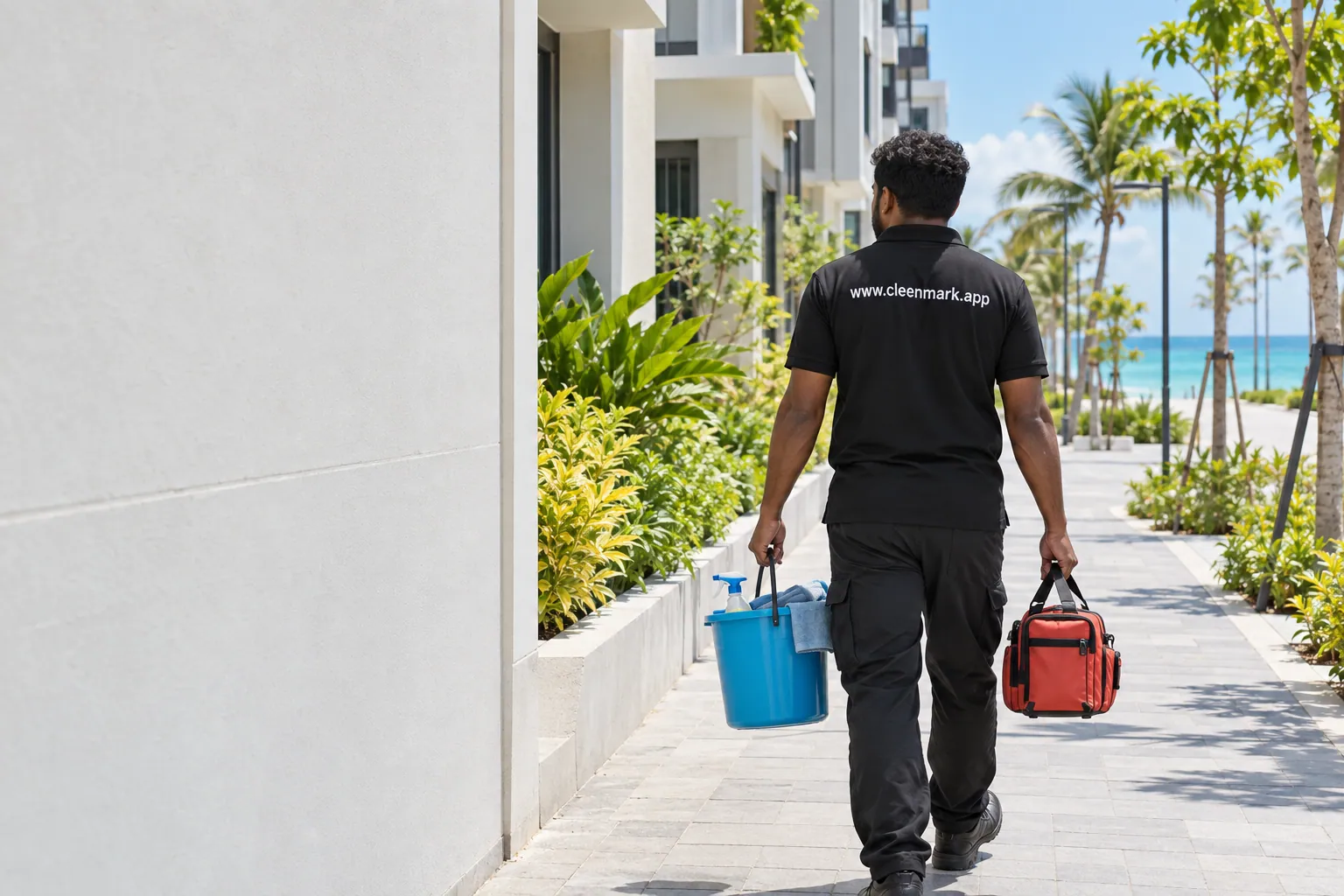 A Cleenmark cleaner walking along a palm-lined footpath between apartment buildings