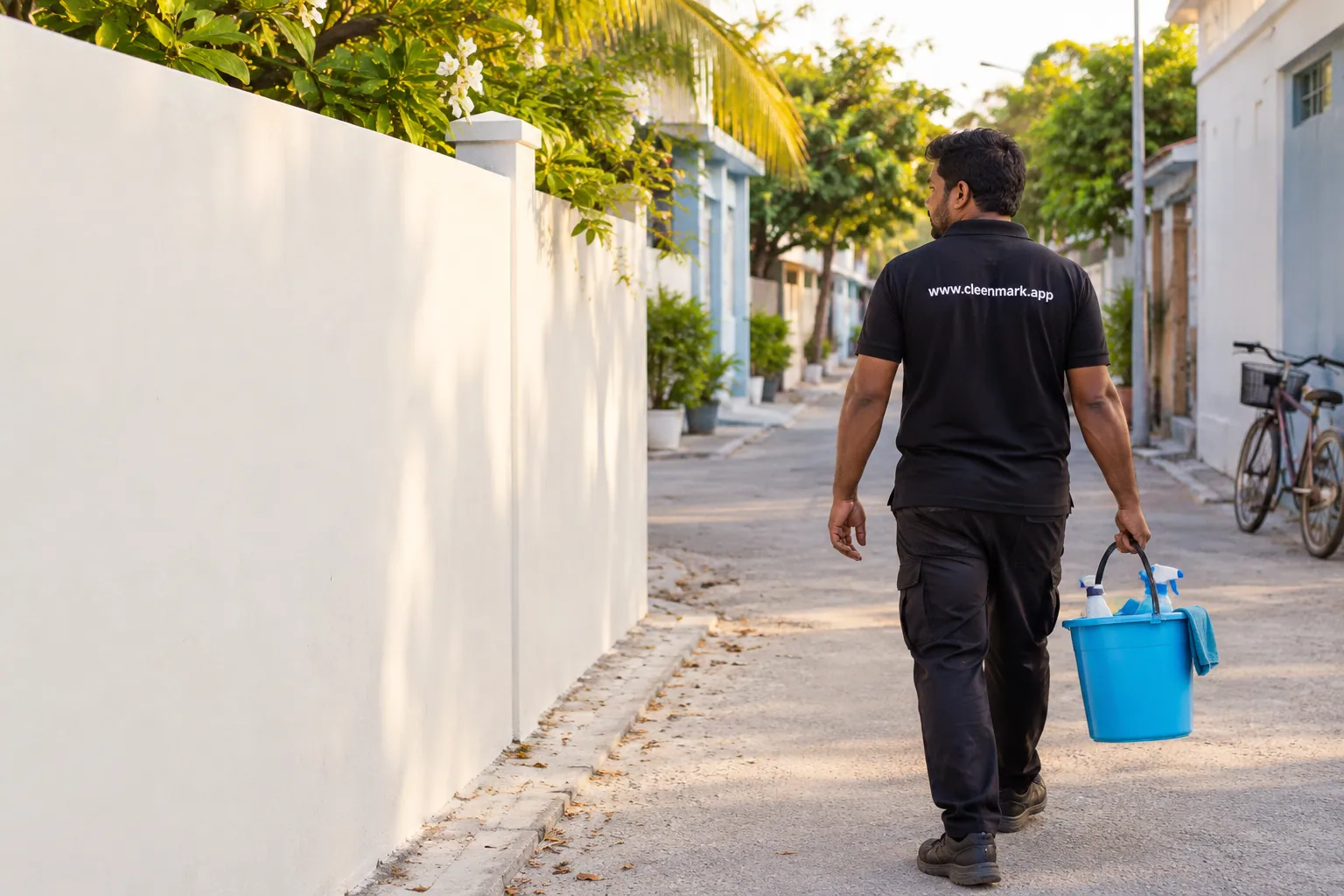 A Cleenmark cleaner walking down a quiet residential street with a bucket of supplies
