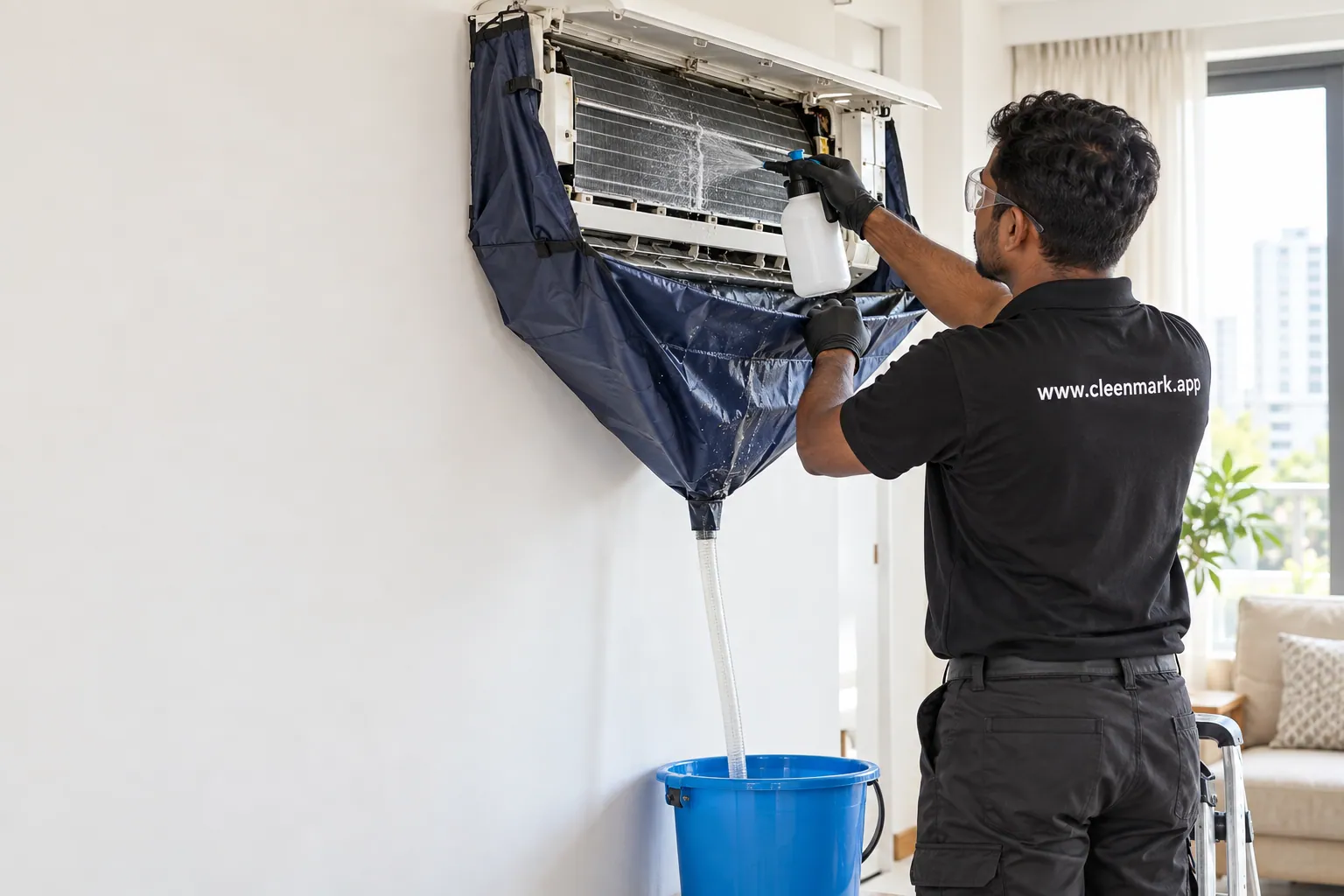 A technician washing an air conditioner indoor unit with a cleaning cover and a bucket