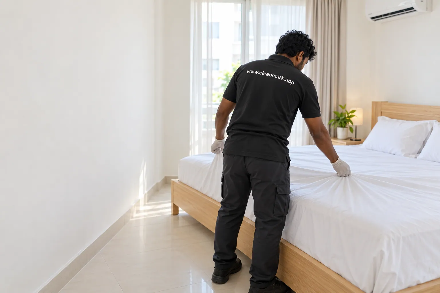 A cleaner making the bed in an apartment bedroom