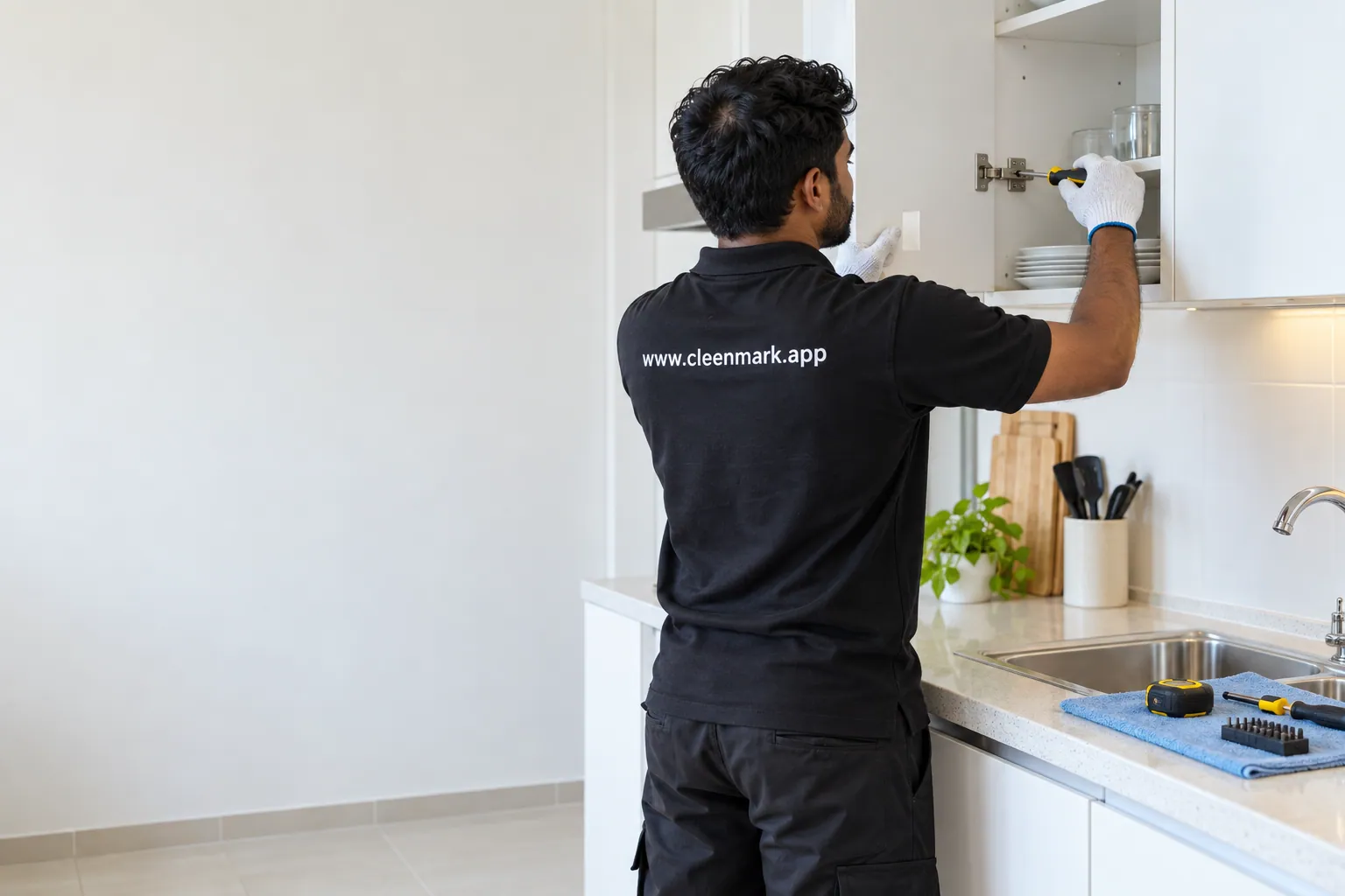 A technician adjusting a kitchen cabinet door hinge