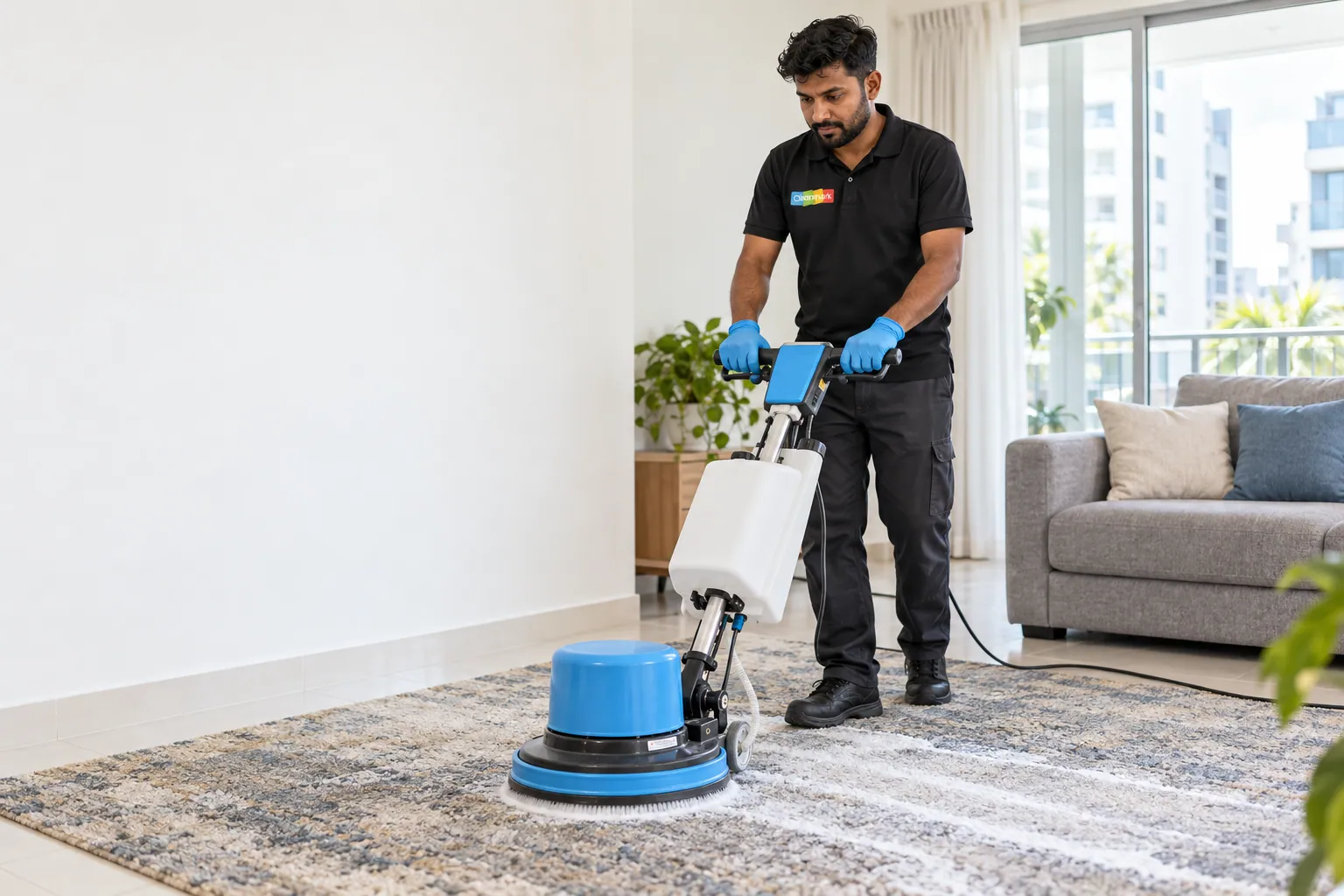 A cleaner running a carpet scrubber across a patterned rug