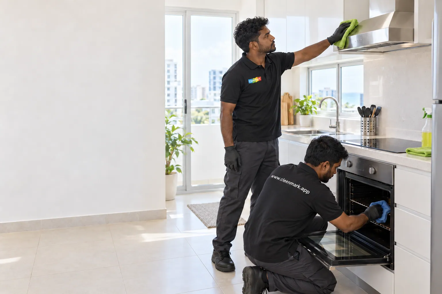 Two cleaners deep cleaning a kitchen: the cooker hood and the oven