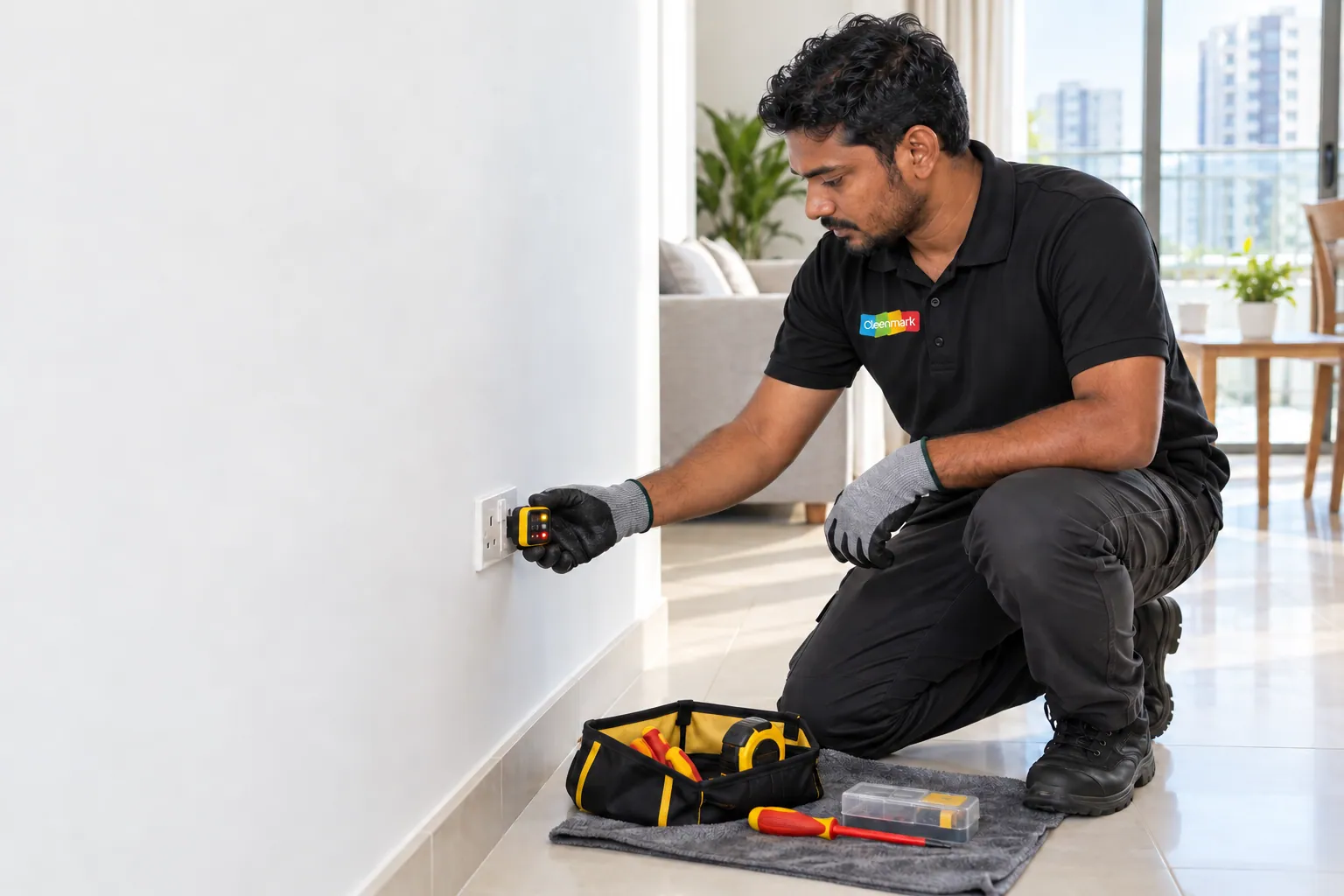 A technician working on a wall socket with a tool bag beside him