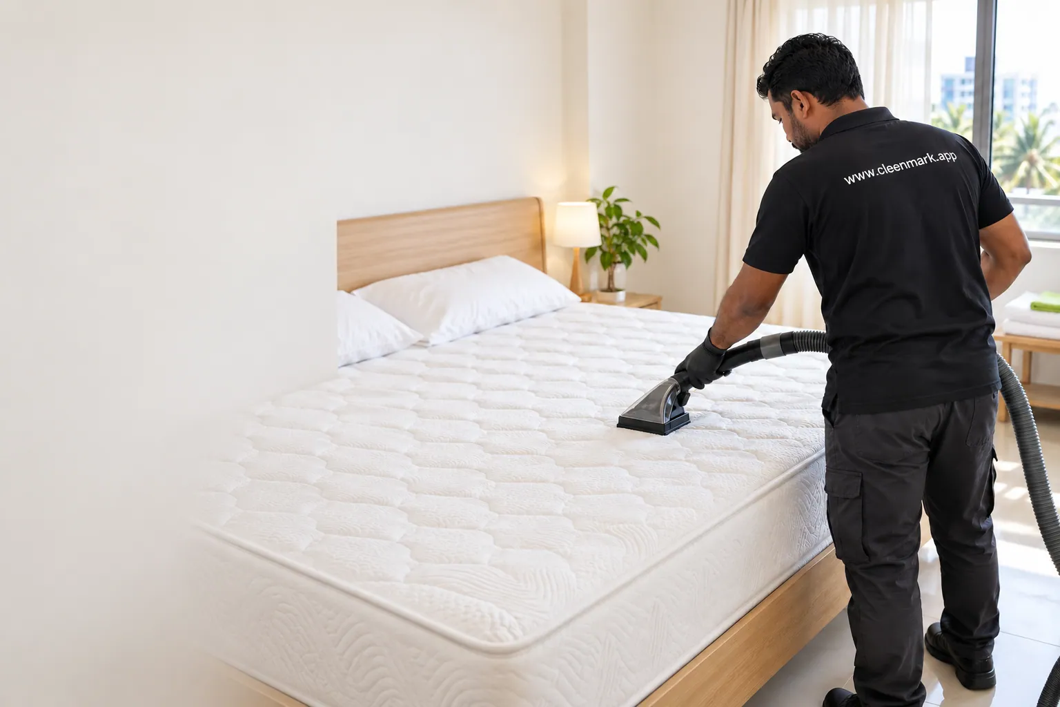 A cleaner vacuuming a mattress in a bright bedroom