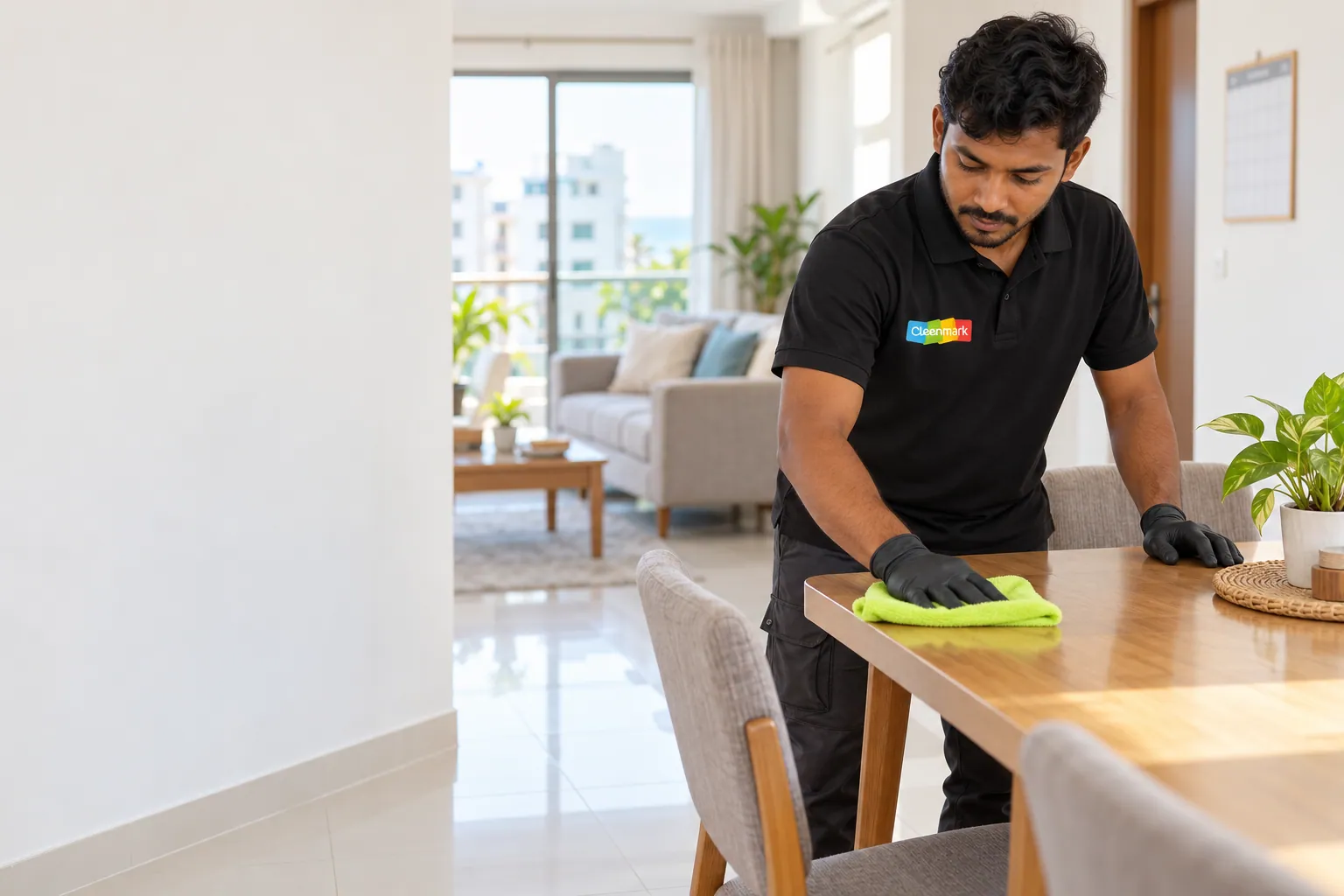A Cleenmark cleaner wiping a dining table in a bright apartment