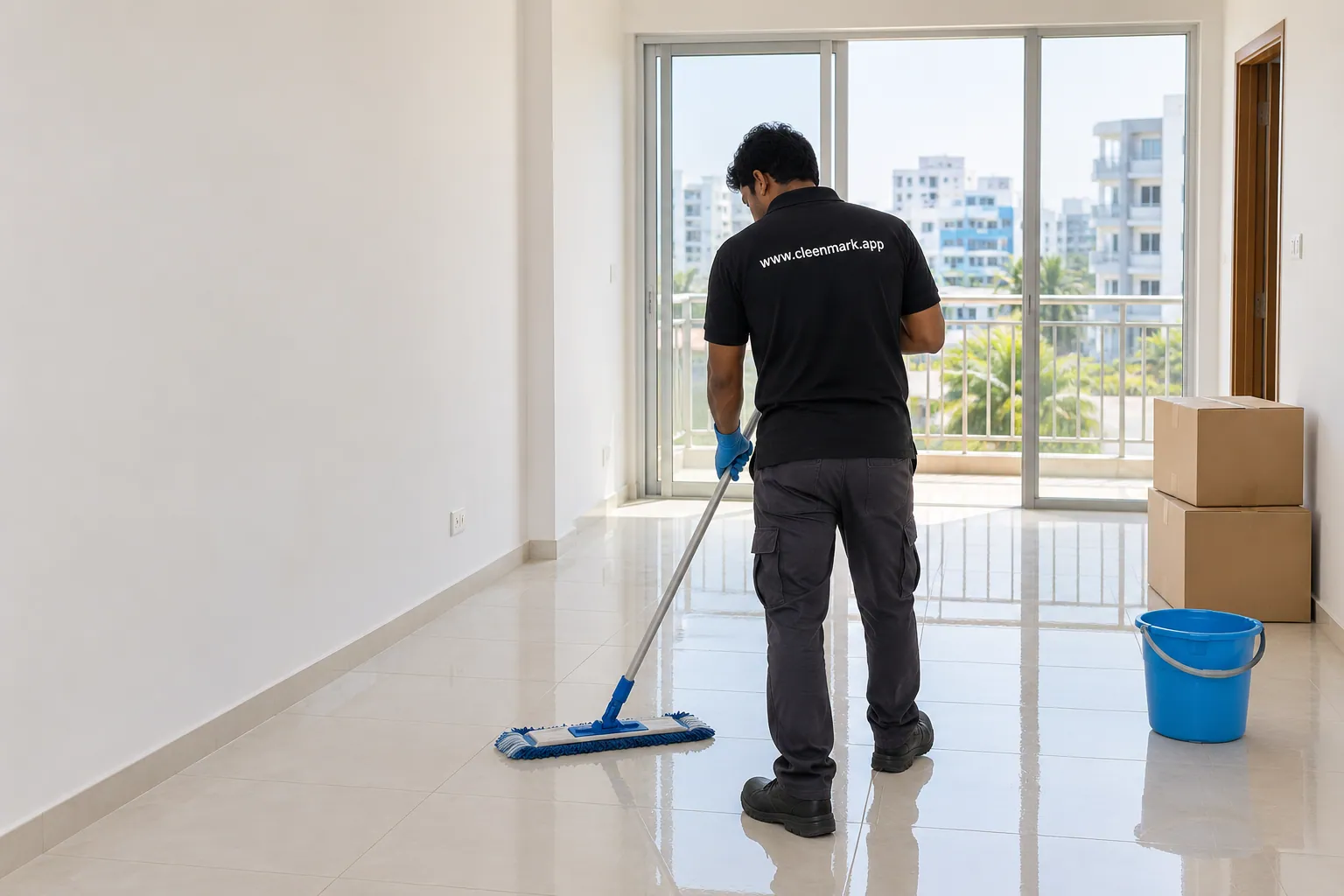 A cleaner mopping the floor of an empty apartment with moving boxes by the window