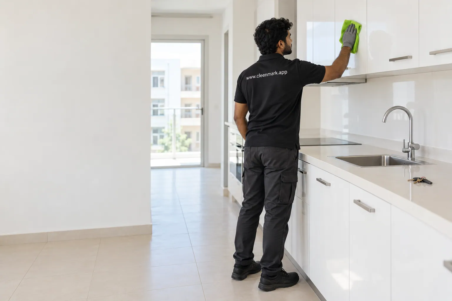 A cleaner wiping the kitchen cabinets of an empty apartment