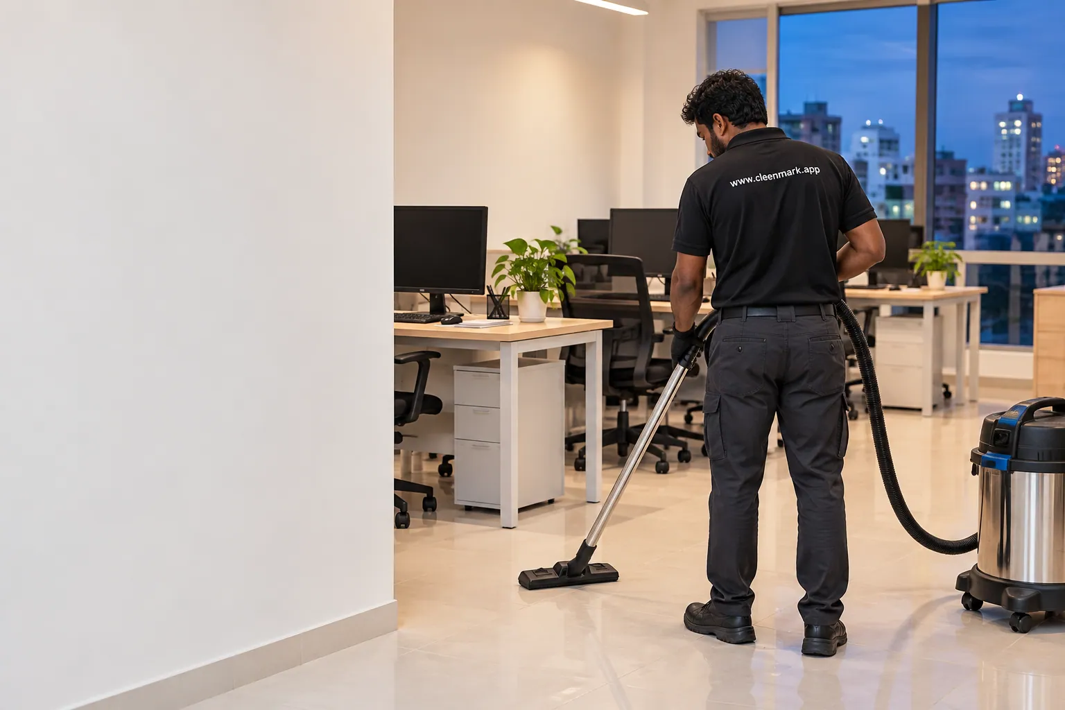 A cleaner vacuuming an office floor between desks