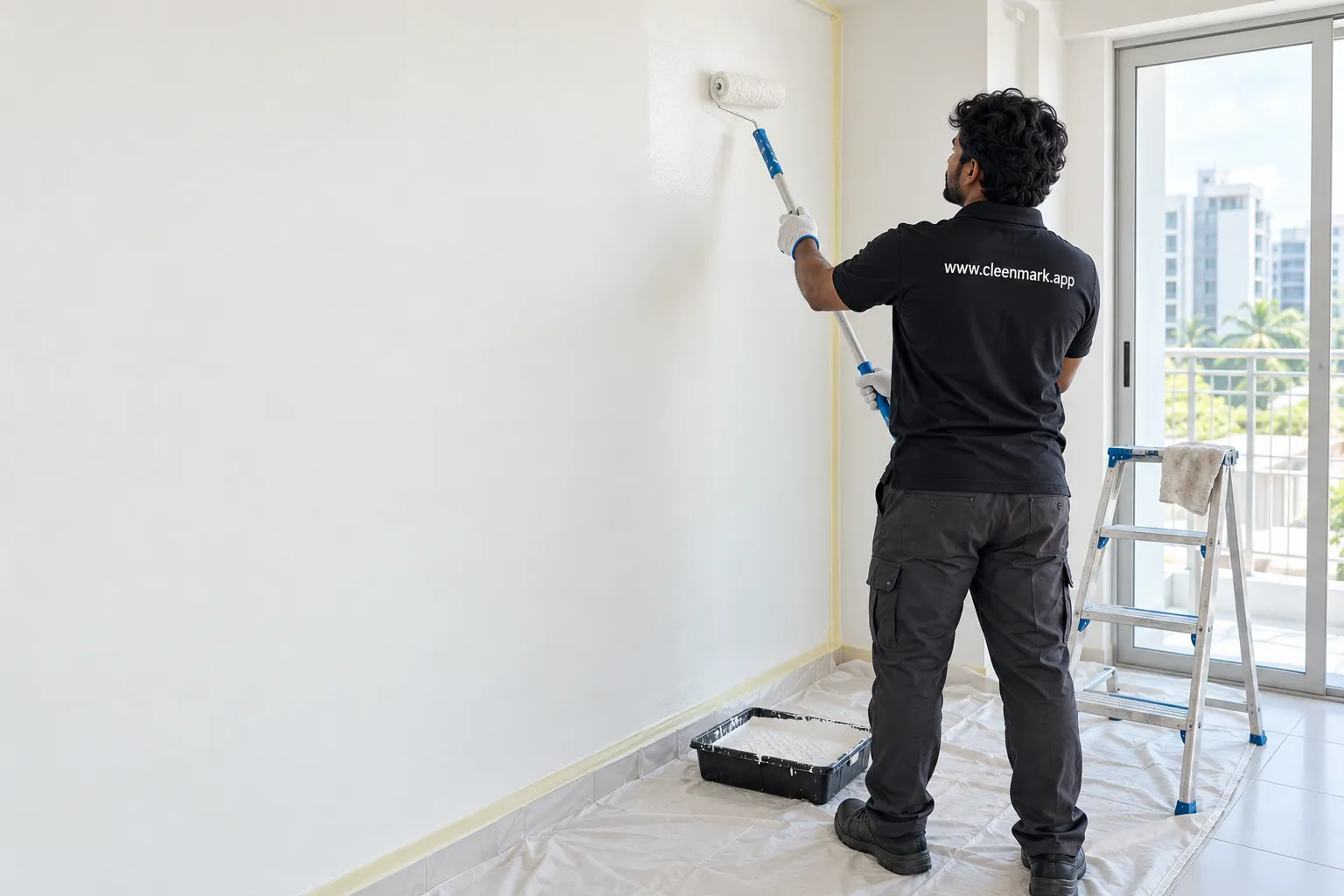 A technician painting an interior wall with a roller