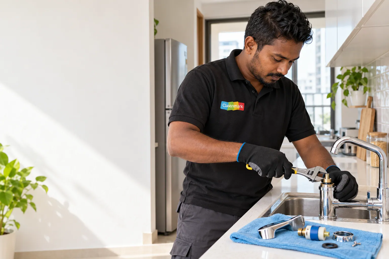 A technician fitting a kitchen tap with a wrench