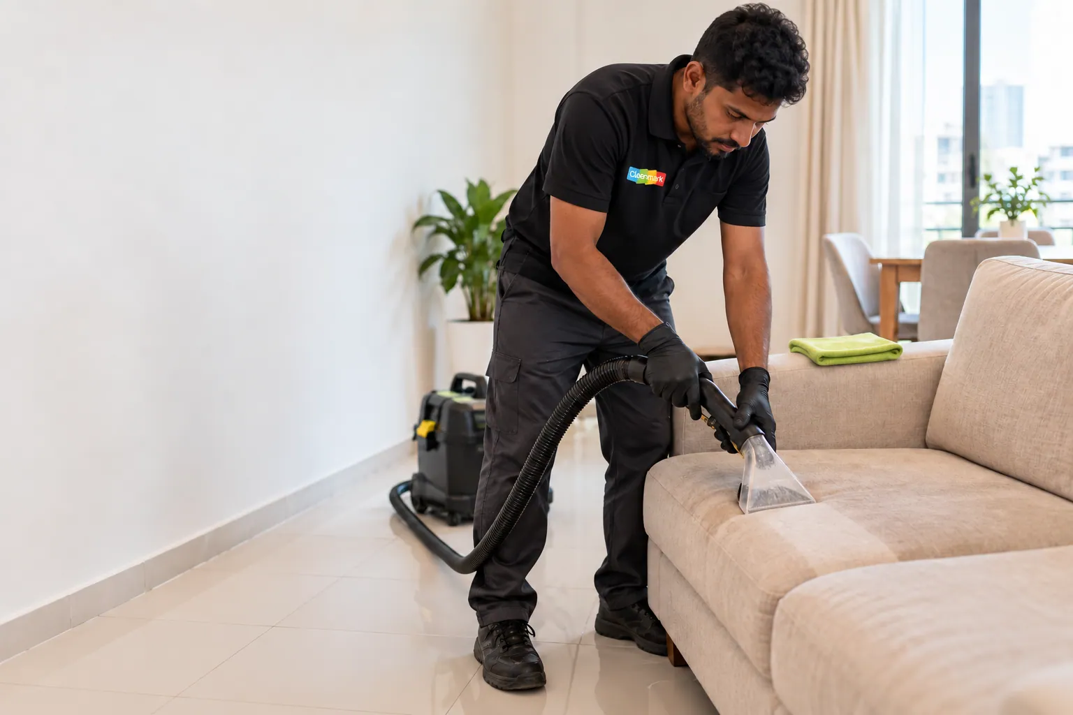 A cleaner extracting a fabric sofa with an upholstery machine