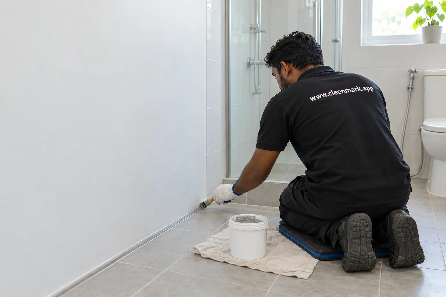 A technician sealing the edge of a shower floor