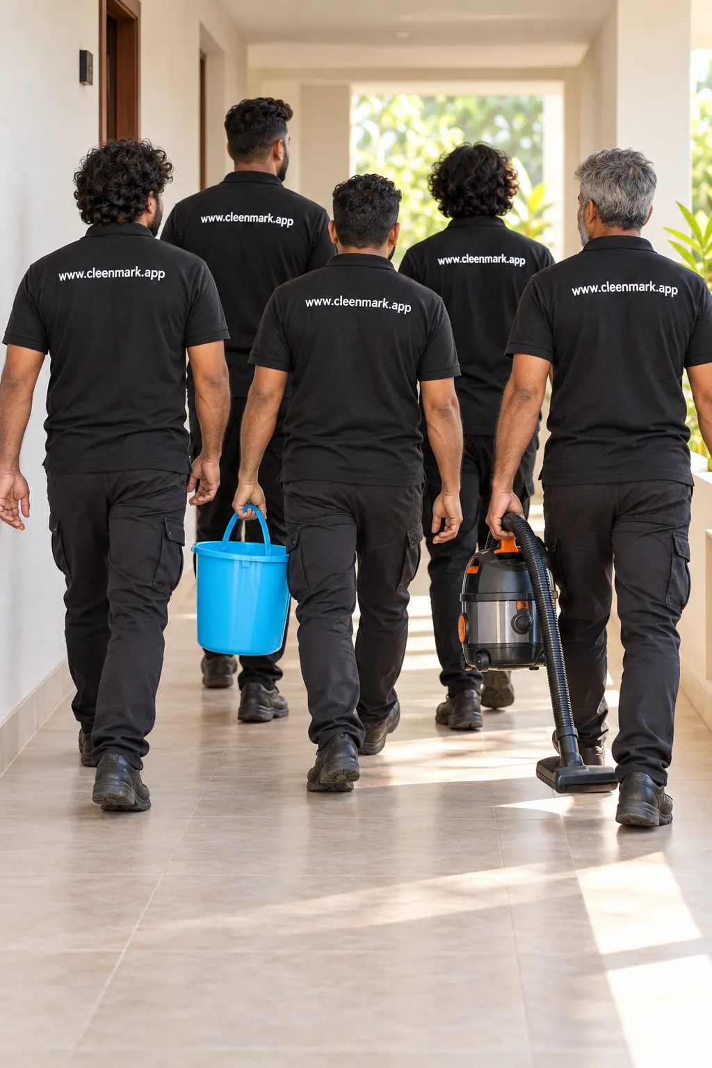 A Cleenmark team walking down a corridor carrying their equipment