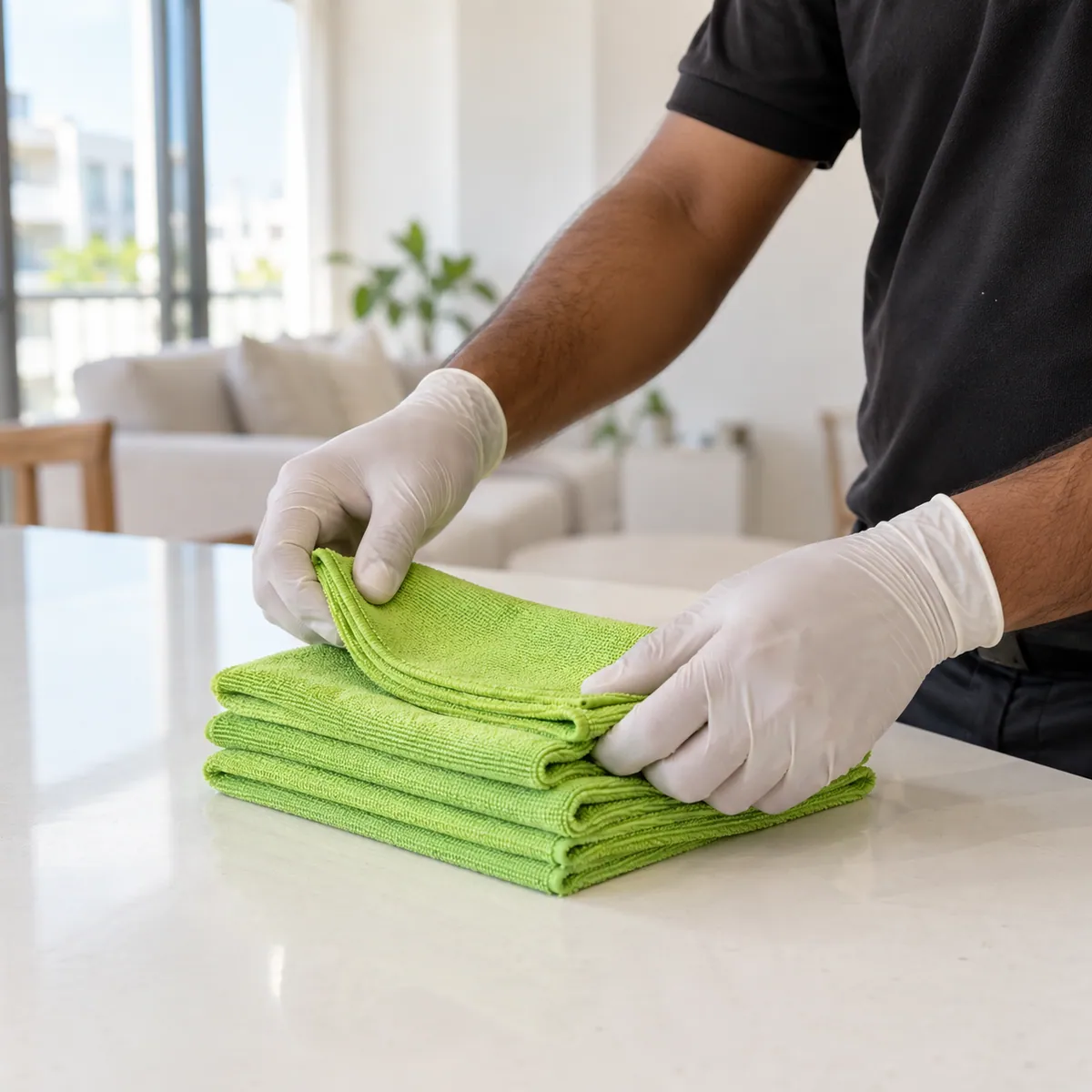 Gloved hands folding a stack of green microfibre cloths