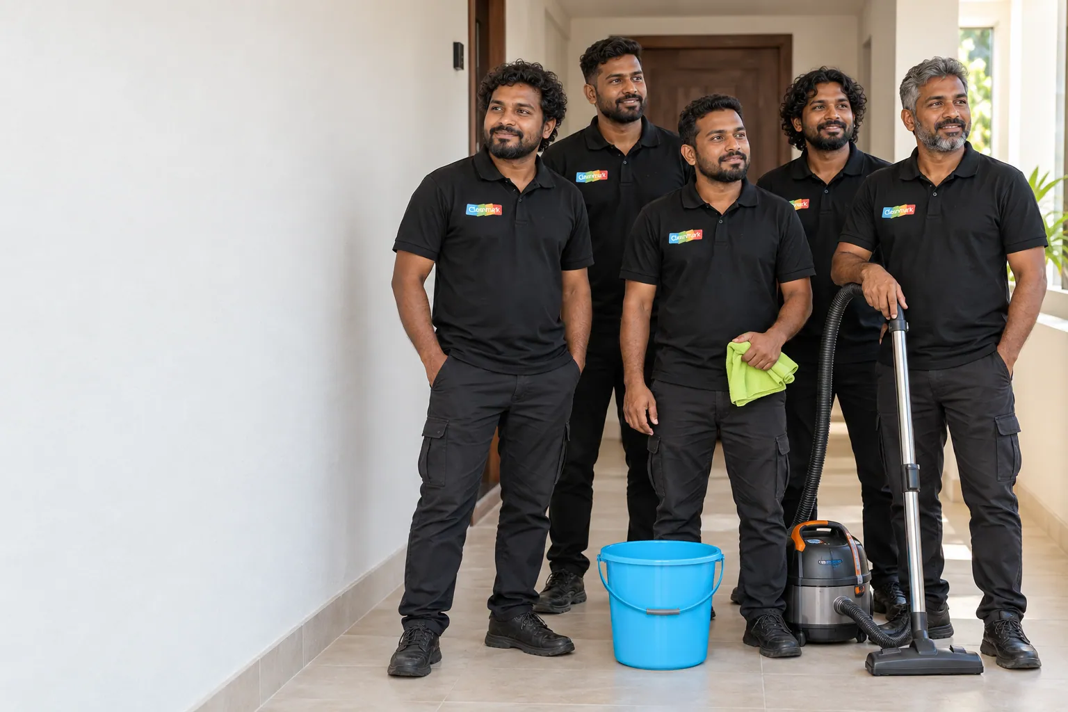 A Cleenmark cleaning team in black uniforms with their equipment