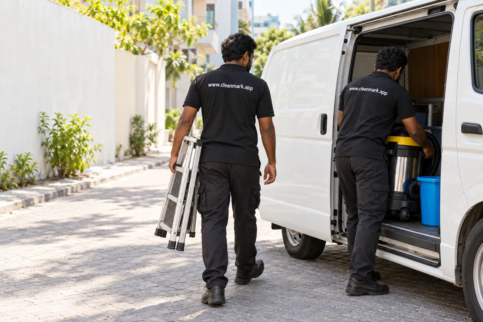 Cleenmark staff loading a ladder and a vacuum into a van