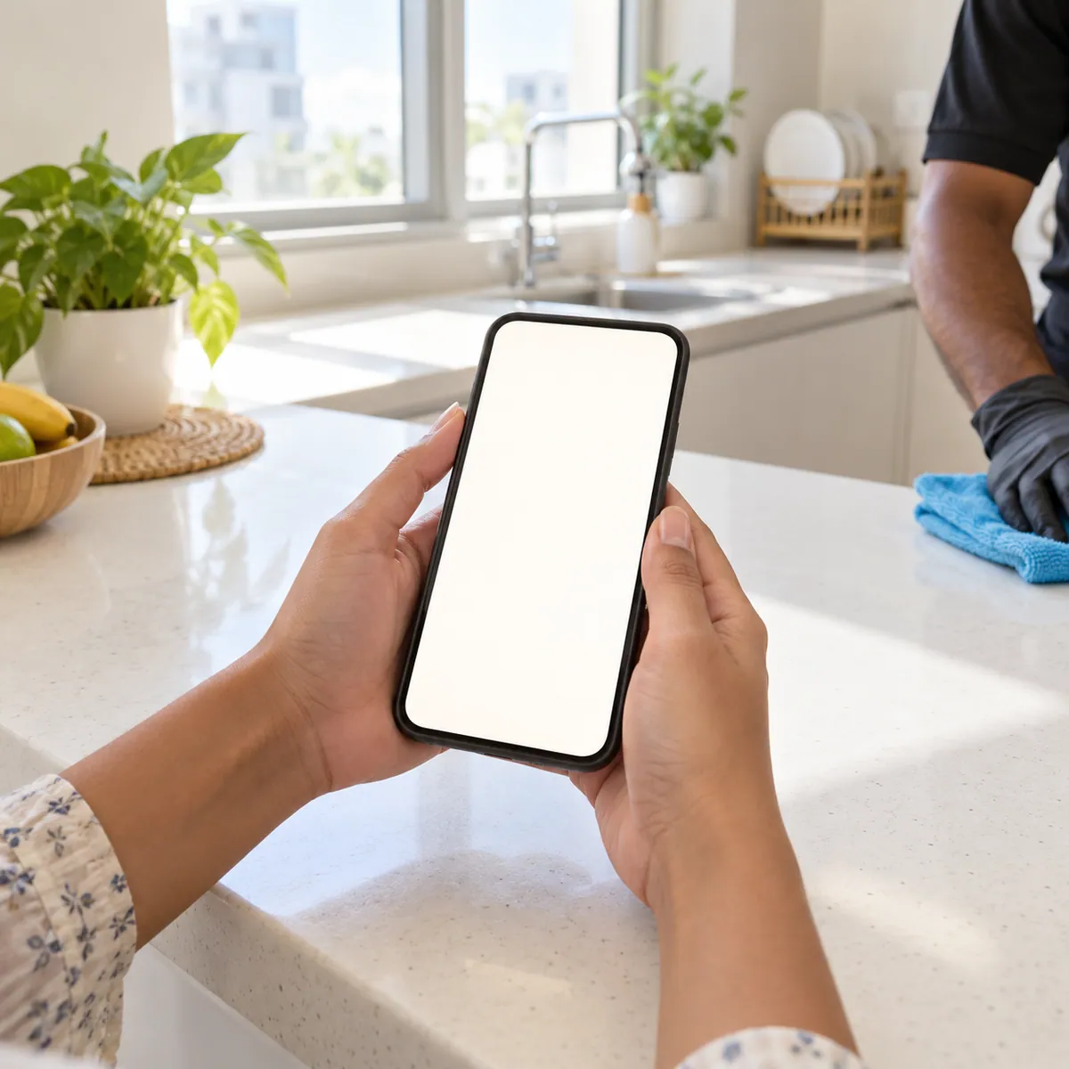 A customer holding a phone at the kitchen counter while a Cleenmark cleaner works in the background