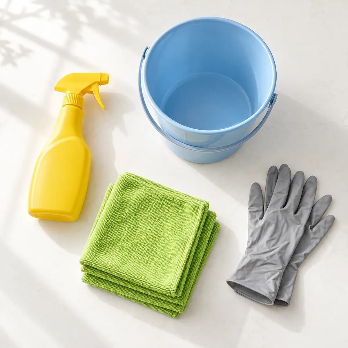 Cleaning supplies laid out on a counter: spray bottle, bucket, microfibre cloths and gloves