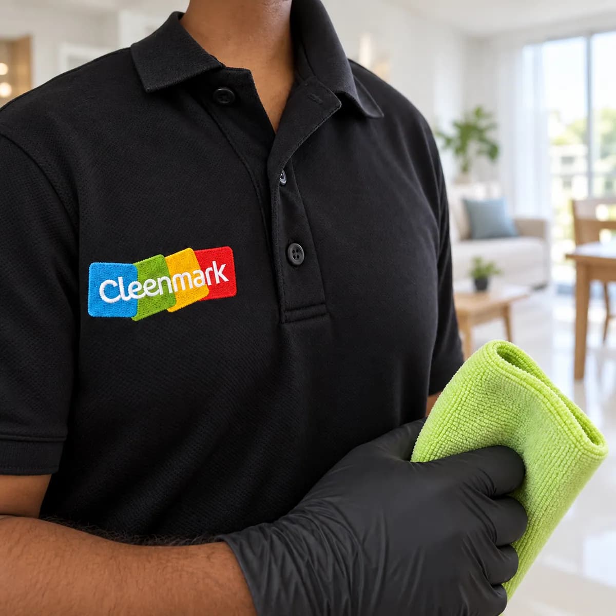 Close-up of the Cleenmark logo on a staff uniform and a gloved hand holding a microfibre cloth