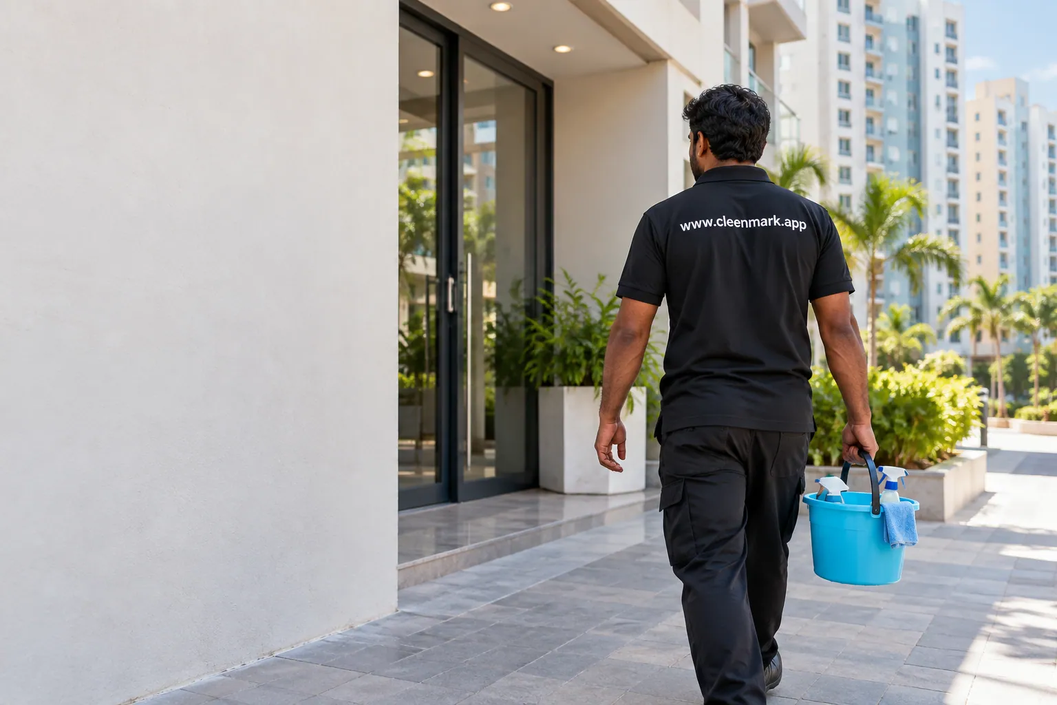 A Cleenmark cleaner walking towards the entrance of a new apartment building