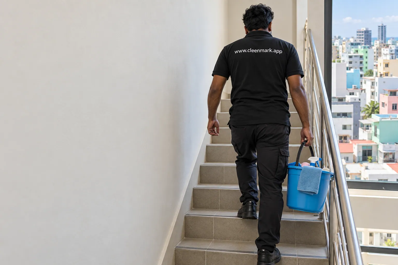 A Cleenmark cleaner carrying a bucket up an apartment stairwell overlooking Malé