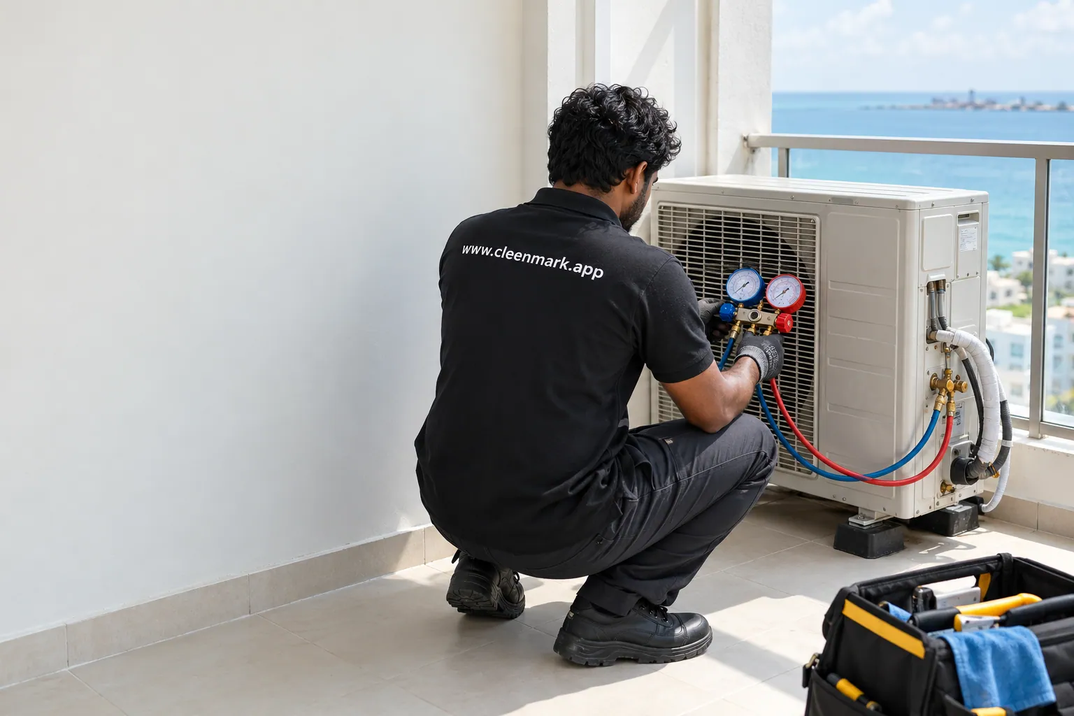 A technician checking refrigerant pressure gauges on an outdoor unit