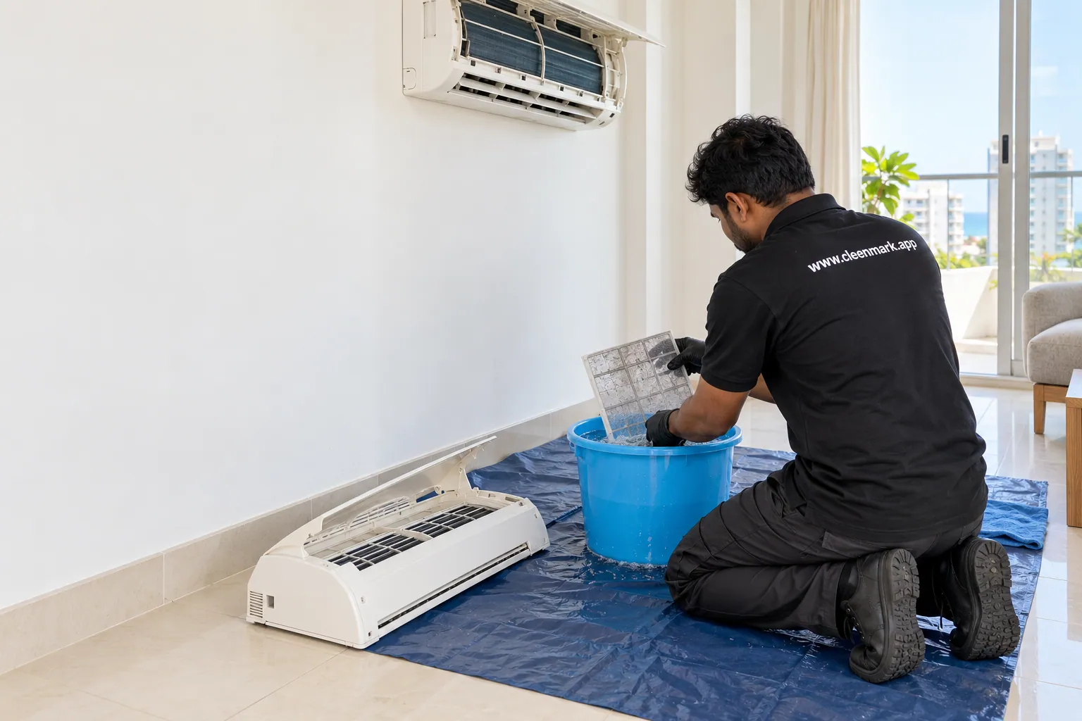 A technician washing an air conditioner filter and cover in a bucket on a protective sheet